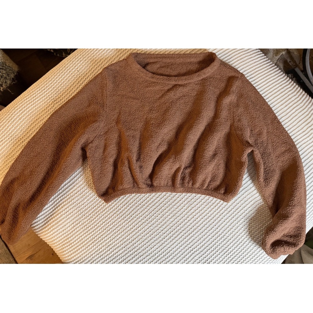BuffBunny Collection Brown Teddy Cropped Sweater Sherpa Fleece Size Medium
